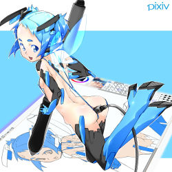 1girl anal ass back bad_id bad_pixiv_id blue_eyes blue_hair breasts butt_plug cable elbow_gloves female_focus flat_chest gloves highres looking_back matching_hair/eyes object_insertion oshiruko_(shiruko) pen pixiv pixiv-tan robot_ears sex_toy short_hair sideboob slingshot_swimsuit small_breasts solo stylus swimsuit thighhighs usb wacom wings