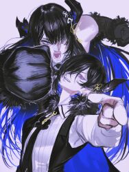 1boy 1girl absurdres asymmetrical_horns black_gloves black_hair black_horns black_necktie black_vest blue_hair clenched_hands colored_inner_hair detached_sleeves dress_shirt fur-trimmed_sleeves fur_trim gloves hair_over_one_eye highres hololive hololive_english horns jojo_pose kujo_jotaro&#039;s_pose_(jojo) long_hair malphis_ravencroft_ii multicolored_hair muscular muscular_female necktie nerissa_ravencroft nerissa_ravencroft_(1st_costume) open_mouth pointing pointing_at_viewer pungson_mori purple_eyes shirt vest virtual_youtuber white_shirt