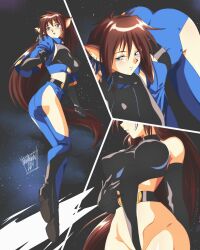 1girl animal_ears ass belt black_gloves blue_eyes bodysuit breasts brown_hair danmakuman earrings full_body gloves highres jewelry large_breasts leotard long_hair multiple_earrings multiple_views signature smile steam-heart&#039;s