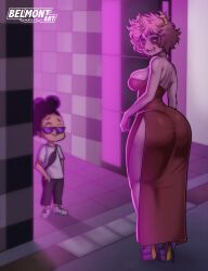 1boy 1girl absurdres alternate_costume arms_at_sides artist_name ashido_mina ass back bare_legs bare_shoulders belmont_art black_sclera blush boku_no_hero_academia breasts colored_sclera colored_skin dress eyebrows eyelashes from_behind from_side full_body high_heels highres huge_ass large_breasts messy_hair mineta_minoru netorare night open_mouth outdoors pelvic_curtain pink_hair pink_skin purple_footwear red_dress short_hair size_difference smile standing strapless strapless_dress teeth tongue yellow_eyes