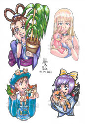 1boy 3girls absurdres ace_attorney animal another_code bird blue_eyes bob_cut bow brown_eyes brown_hair capcom cat charley_(ace_attorney) child chipmunk choker crossover dated dog fish fishbowl ghost_trick hair_bow hair_rings hand_on_own_face hat highres holding holding_plant holding_stuffed_toy hotel_dusk japanese_clothes juricha-art kamila kimono long_hair luke_triton magatama mila_evans missile_(ghost_trick) multiple_girls pearl_fey plant potted_plant professor_layton purple_eyes purple_hair sissel_(ghost_trick) squirrel stuffed_animal stuffed_rabbit stuffed_toy tank_top updo white_hair