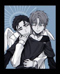 2boys alien_stage aqua_eyes black_border blue_background border choker commentary english_commentary fang highres hug hug_from_behind ivan_(alien_stage) layered_shirt looking_at_another male_focus multiple_boys partially_colored red_pupils shinumeru shirt short_hair sweat till_(alien_stage) wings