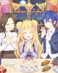 1boy 2girls balloon belt birthday birthday_cake blonde_hair blue_hair blue_jacket breasts brown_belt brown_eyes brown_hair cake chinese_commentary closed_eyes date_a_live double_bun flower food fork full_moon gift hair_between_eyes hair_bun hair_flower hair_ornament happy_birthday highres hoshimiya_asahi hoshimiya_mukuro indoors itsuka_shido jacket large_breasts long_hair moon multiple_girls night open_clothes open_jacket open_mouth own_hands_together plate shirt short_hair smile teapot tsubasaki white_shirt yellow_eyes