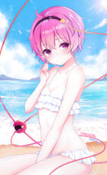Rule 34 | 1girl, absurdres, alternate costume, bikini, black hairband, blue sky, blush, breasts, closed mouth, cloud, collarbone, commentary request, dated, day, eyeball, frilled bikini, frills, hair ornament, hairband, heart, heart hair ornament, highres, komeiji satori, looking at viewer, ocean, ohako miyu, outdoors, pink eyes, pink hair, sand, satori day, short hair, sitting, sky, small breasts, solo, swimsuit, third eye, touhou, twitter username, white bikini