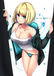 1girl animal_print blonde_hair blue_eyes blue_nails blue_panties blunt_bangs breasts cleavage collarbone female_focus hood hoodie large_breasts leopard_print light_smile looking_at_viewer midriff nail_polish off_shoulder original panties shirt_slip short_hair solo t-track underwear water_drop