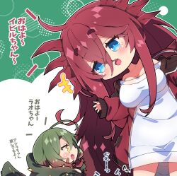Rule 34 | +++, 2girls, :d, absurdres, bare shoulders, blue eyes, blush, breasts, chibi, chibi only, cleavage, commentary request, deviljho, dress, fang, gradient hair, green hair, hair between eyes, highres, jacket, lao-shan lung, large breasts, long hair, long sleeves, milkpanda, monster hunter (series), multicolored hair, multiple girls, open mouth, outline, personification, red hair, red jacket, smile, thick eyebrows, translation request, two-tone background, white dress, white outline, yellow eyes