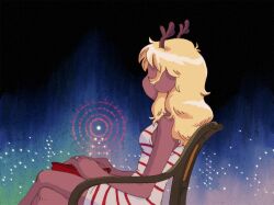 1girl alt_text animal_ears antlers blonde_hair chair commentary cosplay crossed_legs deer_antlers deer_ears deer_girl deltarune derivative_work dress english_commentary ferris_wheel furry furry_female hellspawnmotel horns jewelry noelle_holiday on_chair ring screenshot_redraw shoujo_kakumei_utena sitting sleeveless sleeveless_dress striped_clothes striped_dress tenjou_utena tenjou_utena_(cosplay) white_dress