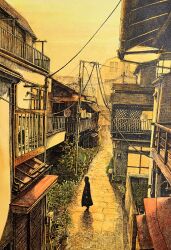 1boy absurdres alley architecture balcony brick_road building complex_exterior east_asian_architecture hatching_(texture) highres ibsukionsen linear_hatching orange_sky orange_theme original outdoors perspective plant potted_plant power_lines scenery sepia sky solo town traditional_media wide_shot woven_hatching