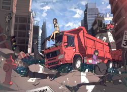 1boy 3girls bad_id bad_pixiv_id cottan cotton_(cottontan) dump_truck fire_hydrant motor_vehicle multiple_girls original rubble ruins sign truck
