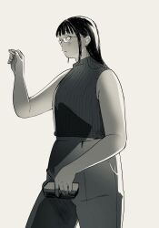 1girl agawa_sensei_(strikeout_pitch) bare_arms bare_shoulders board_eraser chalk choppy_bangs closed_mouth commentary_request glasses hand_up highres holding holding_board_eraser holding_chalk long_hair monochrome origamioreta pants plump ribbed_sweater sleeveless sleeveless_sweater sleeveless_turtleneck solo standing strikeout_pitch sweater sweater_tucked_in turtleneck turtleneck_sweater