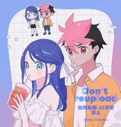 1boy 1girl alternate_costume blue_hair bow commentary_request cup drinking drinking_straw eyelashes green_eyes green_shoes hair_bow hand_up hands_up holding holding_cup jacket liko_(pokemon) long_hair multiple_views nintendo off-shoulder_shirt off_shoulder open_clothes open_jacket orange_jacket pants pokemon pokemon_(anime) pokemon_horizons rei_hinketsu roy_(pokemon) shirt shoes star_(symbol) twitter_username watermark white_bow white_shirt