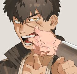 1boy 1other absurdres bannriishi black_jacket brown_hair collarbone doudanuki_masakuni finger_in_another&#039;s_mouth fingernails grey_background hair_between_eyes highres jacket looking_at_another male_focus outstretched_arm popped_collar saliva scar scar_on_face scar_on_hand simple_background solo_focus teeth touken_ranbu upper_body yellow_eyes