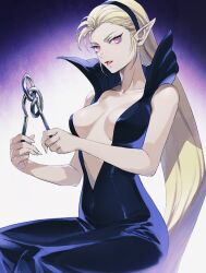 Rule 34 | 1girl, black hairband, blonde hair, breasts, collarbone, commentary request, demon (megami tensei), dress, eyelashes, hairband, high collar, invisible chair, isa (peien516), large breasts, leanan sidhe (megami tensei), long dress, long hair, mystical high collar, parted lips, pointy ears, purple background, puzzle, red eyes, red lips, shin megami tensei, sitting, solo, very long hair