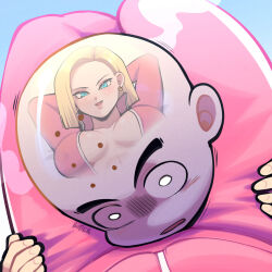 1boy 1girl android_18 bald bald_male blonde_hair blue_eyes breasts butter_sugoi couple dragon_ball dragon_ball_super earrings head_between_thighs highres husband_and_wife jacket jewelry kuririn large_breasts open_mouth pants partially_unzipped pink_jacket pink_pants reflection scissorhold shiny_skin signature smile track_jacket track_pants track_suit