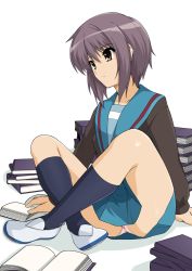 1girl blue_sailor_collar blue_socks book book_stack brown_eyes cardigan commentary_request expressionless female_focus haruhisky highres kita_high_school_uniform long_sleeves lotus_position nagato_yuki panties pink_panties pleated_skirt purple_hair sailor_collar school_uniform serafuku short_hair simple_background sitting skirt socks solo suzumiya_haruhi_no_yuuutsu underwear white_background