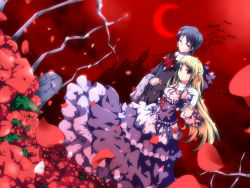 1boy 1girl bat_(animal) blonde_hair blue_hair butler castle crescent_moon dutch_angle flower foreshortening glasses gloves grave half_updo highres huangquan_dong_(sinchi) light_smile long_hair moon original petals red_eyes red_sky short_hair sky very_long_hair