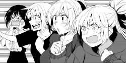 Rule 34 | 4girls, aqua (konosuba), blush, center frills, chris (konosuba), clenched hands, collarbone, darkness (konosuba), frills, gaijin 4koma (meme), greyscale, hair ornament, hairclip, hands up, izawa (bhive003), kono subarashii sekai ni shukufuku wo!, long hair, long sleeves, meme, monochrome, multiple girls, open mouth, ponytail, shirt tucked in, short hair, short sleeves, skirt, surprised, sweater, yunyun (konosuba)