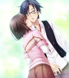 1boy 1girl blush brown_hair brown_pants brown_shorts chaos;child chaos;child_love_chu_chu!! closed_eyes collared_shirt game_cg glasses hand_on_another&#039;s_chest highres kiss kissing_cheek long_sleeves messy_hair miyashiro_takuru necktie non-web_source official_art open_clothes open_mouth open_vest pants pantyhose pantyhose_under_shorts pink_socks pink_sweater purple_eyes sasaki_mutsumi shirt short-sleeved_sweater short_hair short_sleeves shorts socks surprise_kiss surprised sweater tachibana_yui tongue trample undone_necktie vest