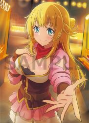 1girl anime_coloring arm_belt blonde_hair blue_eyes blush braid breasts closed_mouth corset cowboy_shot festival large_breasts long_hair long_sleeves looking_at_viewer night open_hand outstretched_arm outstretched_hand overskirt palms reaching reaching_towards_viewer red_corset red_overskirt red_scarf rit_(shin_no_nakama) scarf shin_no_nakama_janai_to_yuusha_no_party_wo_oidasareta_no_de_henkyou_de_slow_life_suru_koto_ni_shimashita smile solo spread_fingers standing very_long_hair watanabe_ruriko