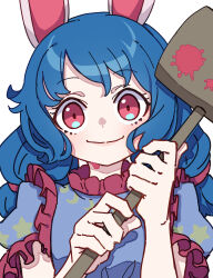 1girl absurdres animal_ears blue_dress blue_hair closed_mouth dress frilled_sleeves frills highres holding kame_(kamepan44231) kine long_hair looking_at_viewer mallet rabbit_ears red_eyes seiran_(touhou) short_sleeves simple_background smile solo star_(symbol) star_print touhou upper_body white_background