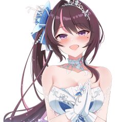 Rule 34 | 1girl, :d, absurdres, asymmetrical sidelocks, azki (dress) (hololive), azki (hololive), bare shoulders, black hair, blue bow, blush, bow, breasts, choker, choumei (qca012005), cleavage, collarbone, colored inner hair, commentary request, dress, frilled choker, frilled gloves, frills, gloves, hair bow, hair intakes, highres, hololive, large breasts, long hair, looking at viewer, mole, mole under eye, multicolored hair, official alternate costume, official alternate hairstyle, open mouth, own hands together, pink hair, purple eyes, side ponytail, simple background, sleeveless, sleeveless dress, smile, solo, straight-on, strapless, strapless dress, streaked hair, swept bangs, tiara, tilted headwear, virtual youtuber, white background, white bow, white choker, white dress, white gloves, white hair