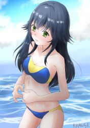 1girl bikini black_hair blue_bikini blue_sky breasts cloud collarbone day gakuen_idolmaster green_eyes highres idolmaster kasuga_rurito long_hair looking_at_viewer multicolored_bikini outdoors sky small_breasts solo strapless strapless_bikini swimsuit tsukimura_temari tube_top two-tone_bikini water