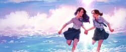 Rule 34 | 2girls, barefoot, closed eyes, collared shirt, commentary request, friendly rivalry, highres, holding hands, korean commentary, multiple girls, necktie, ponytail, running, shirt, skirt, sleeves rolled up, smile, sonyeon ssi, wading, water, white shirt, woo seul-gi, yoo je-i
