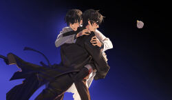 2boys arm_over_shoulder bandaged_hand bandaged_leg bandages black_coat black_hair blood bloody_bandages carrying carrying_person clenched_teeth coat crossed_bangs dokkaebi gradient_background hair_between_eyes hand_on_another&#039;s_leg hand_on_another&#039;s_shoulder highres hug kim_dokja leg_up male_focus multiple_boys omniscient_reader&#039;s_viewpoint open_mouth tack_ka_2_0 teeth two-tone_background upper_body walking white_coat yoo_joonghyuk
