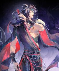 1boy absurdres bare_pectorals bell belt black_hair black_hanfu black_headband black_sash bridge_piercing chain chest_strap chinese_clothes chinese_commentary code:_kite cowboy_shot face_piercing feather_hair_ornament feathers fur_trim gan_ning_(code:_kite) green_eyes hair_ornament hanfu headband highres holding holding_sword holding_weapon long_hair looking_ahead male_focus middle_ring open_clothes pectorals piercing purple_ribbon ribbon sash smile solo sword tassel toned toned_male watermark weapon weapon_on_back weibo_watermark xitai yaopei