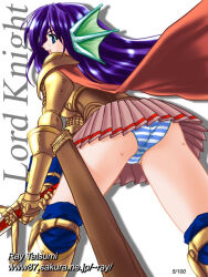 1girl 2000s_(style) armor ass blue_eyes blue_panties blue_socks breastplate cape chainmail character_name commentary_request gold_armor holding holding_sword holding_weapon long_hair looking_afar lord_knight_(ragnarok_online) miniskirt panties pauldrons pink_skirt purple_hair ragnarok_online red_cape shoulder_armor simple_background skirt socks solo spiked_gauntlets striped_clothes striped_panties sword tatsumi_ray underwear watermark weapon web_address white_background white_panties