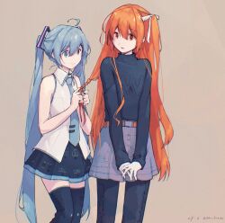 Rule 34 | 2girls, a.i. voice, adachi rei, ahoge, alternate hair length, alternate hairstyle, belt, black pantyhose, black shirt, black skirt, black thighhighs, blue eyes, blue hair, blue necktie, braid, braiding hair, brown background, closed mouth, collared shirt, flat chest, fuyuki eru, grey skirt, hair ribbon, hairdressing, hand in another&#039;s hair, hands up, hatsune miku, highres, long hair, long sleeves, looking at another, multiple girls, necktie, open mouth, orange belt, orange hair, pantyhose, ribbon, shirt, skirt, sleeveless, sleeveless shirt, smile, thighhighs, twintails, utau, very long hair, vocaloid, white ribbon, wing collar