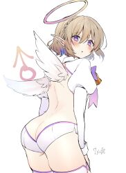 +_+ 1boy 7x_sevenx :o absurdres angel arched_back ass backless_outfit bell blue_gemstone blush bow bowtie braid brown_hair butt_crack collared_shirt cowboy_shot crown_braid dimples_of_venus earrings feathered_wings flower_symbol from_behind gem gradient_eyes hair_between_eyes halo highres jewelry juliet_sleeves long_sleeves looking_at_viewer looking_back male_focus mars_symbol mini_wings multicolored_eyes neck_bell original panties pink_eyes pink_halo pointy_ears puffy_sleeves purple_bow purple_bowtie purple_eyes shirt short_hair shoulder_blades sidelocks simple_background spine thighhighs trap underwear white_background white_panties white_sleeve_cuffs white_thighhighs white_wings wings yellow_halo
