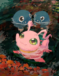 Rule 34 | 3others, antennae, aomon (yuuji7604), autumn, autumn leaves, digimon, digimon (creature), green eyes, highres, holy ring, leaf, looking up, marinangemon, multiple others, otamamon, pond, reflection, reflective water, sharp teeth, teeth, wings
