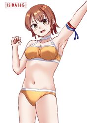 1girl arm_up armband artist_logo bikini breasts brown_eyes brown_hair choker commentary_request cowboy_shot highres ishida_arata kantai_collection logo looking_at_viewer medium_breasts official_alternate_costume orange_bikini richard_p._leary_(kancolle) richard_p._leary_(swimsuit)_(kancolle) short_hair simple_background solo swimsuit white_background white_choker