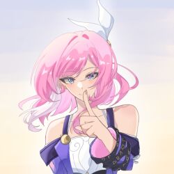 1girl blue_eyes coat cyrene_(honkai:_star_rail) dress e_e332 hair_ornament hashtag-only_commentary highres honkai:_star_rail honkai_(series) looking_at_viewer multicolored_hair pink_hair pink_pupils purple_coat simple_background solo two-tone_hair upper_body white_background white_dress white_hair
