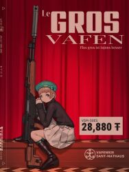 1girl absurdres aqua_eyes black_boots black_sweater blue_hair blue_ribbon boots closed_mouth cover curtains fake_magazine_cover footwear_ribbon from_side full_body highres huge_weapon indoors leaning_forward leaning_on_object leaning_on_weapon looking_at_viewer magazine_cover miniskirt mixed-language_text notfuji original pleated_skirt ribbon short_hair sitting skirt solo sweater text_focus translation_request weapon weapon_request