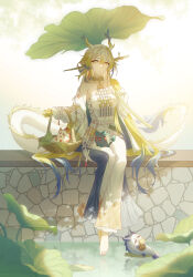 1girl 4girls absurdres arknights bare_shoulders basket blush breasts brooch closed_eyes closed_mouth collarbone dragon dragon_girl dusk_(arknights) earrings eastern_dragon eastern_dragon_horns eastern_dragon_tail gourd green_eyes hair_between_eyes highres holding holding_gourd holding_leaf innoarukugyou jewelry leaf ling_(arknights) long_hair long_sleeves looking_at_viewer lotus_leaf medium_breasts multiple_girls nian_(arknights) pointy_ears shu_(arknights) simple_background sitting smile solo_focus strapless tassel tassel_earrings tube_top white_background white_tube_top
