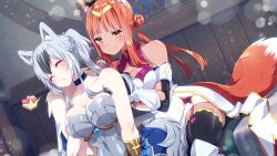 Rule 34 | aki (sakura isekai adventure), animal ears, armor, armored dress, bedroom, brushing hair, dress, fox ears, fox girl, fox tail, fur jacket, fur skirt, game cg, garter belt, grey hair, highres, inma, jacket, official art, orange hair, sakura isekai adventure, scarlet (sakura isekai adventure), tail, thighhighs, yuri