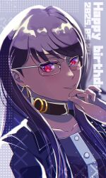 1girl collar collarbone eyelashes female_focus fingernails glasses grey_hair grin hand_up happy_birthday highres looking_at_viewer open_mouth otowaika purple_hair red_eyes shizuhara_hiruko simple_background smile solo teeth the_hundred_line_-last_defense_academy-