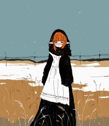1girl apron black_dress black_headscarf blunt_bangs brown_eyes color_contrast commentary crying crying_with_eyes_open dress dry_grass elf english_commentary feet_out_of_frame flat_color floral_print floral_print_headwear freckles frilled_apron frilled_headwear frills grass headscarf hill horizon long_dress looking_at_viewer medium_hair orange_hair original outdoors overcast pointy_ears power_lines sad sky snow snowing solo standing straight-on stuffbecauseidk tall_grass tears utility_pole white_apron winter