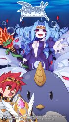 1boy 1girl armor bird blue_background blue_hair breastplate breasts bubble circlet colored_skin copyright_notice cowboy_shot curtained_hair dress drill_hair gem highres holding holding_staff horns imperial_guard_(ragnarok_online) large_breasts logo long_hair looking_at_viewer monster_girl navel odile_of_divine_punishment official_art official_wallpaper open_mouth orange_eyes pauldrons penguin purple_dress ragnarok_online reaching reaching_towards_viewer red_eyes red_gemstone red_hair short_hair shoulder_armor single_horn smile snake staff underwater white_skin witch_zilant yuichirou