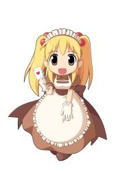 1girl :d ace_(playing_card) ace_of_hearts apron blonde_hair breasts brown_dress brown_eyes brown_sash card chibi chibi_only collared_dress comodo_casino curly_sue dress frilled_apron frills full_body gloves hair_bobbles hair_ornament heart holding holding_card kafra_uniform leaning_forward looking_at_viewer maid maid_headdress medium_breasts official_art open_mouth playing_card puffy_short_sleeves puffy_sleeves ragnarok_online short_sleeves simple_background smile solo standing third-party_source twintails white_apron white_background white_gloves yuichirou