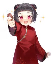 1girl aged_down arm_at_side black_hair china_dress chinese_clothes cowboy_shot double_bun dress hair_bun highres jia_xichun_(project_moon) light_blush limbus_company looking_at_viewer multicolored_hair open_mouth outstretched_arm pink_eyes project_moon ranya_(artiraia) red_sleeves simple_background smile solo streaked_hair white_background white_hair wide_sleeves worm