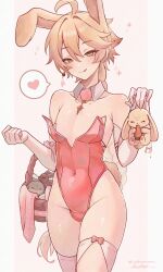 1boy :q aether_(genshin_impact) ahoge akumana animal_ears basket blonde_hair blush bulge earrings genshin_impact hair_between_eyes highres holding holding_basket holding_stuffed_toy jewelry leotard long_hair male_focus nipples pink_thighhighs playboy_bunny rabbit_boy rabbit_ears rabbit_tail red_leotard single_earring smile solo stuffed_animal stuffed_rabbit stuffed_toy tail thighhighs tongue tongue_out yellow_eyes