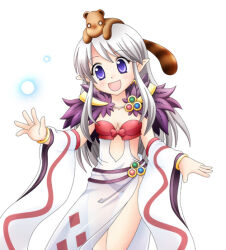 1girl :d belt black_panties blush breasts commentary_request cowboy_shot detached_sleeves dress energy_ball fur_collar long_hair looking_at_viewer medium_breasts meruya_(catcan) open_mouth panties pointy_ears purple_belt purple_eyes ragnarok_online see-through_clothes see-through_dress smile solo sorcerer_(ragnarok_online) underwear white_dress white_sleeves wide_sleeves
