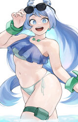Rule 34 | 1girl, absurdres, alternate costume, blue eyes, blue hair, blush, boku no hero academia, breasts, drill hair, eyewear on head, fengling (furin-jp), hado nejire, hair horns, highres, jewelry, large breasts, long hair, looking at viewer, navel, necklace, open mouth, pouch, simple background, smile, solo, stomach, sunglasses, swimsuit, thigh pouch, twin drills, very long hair, white background