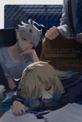 Rule 34 | 1girl, 2boys, absurdres, ahoge, black bow, black sailor collar, blonde hair, blue-framed eyewear, blue necktie, bow, ceiling light, closed eyes, collarbone, fate/grand order, fate (series), grey hair, hand on own face, head on table, highres, holding, holding pen, james moriarty (archer) (fate), james moriarty (chaldea special investigation unit) (fate), james moriarty (ruler) (fate), multicolored hair, multiple boys, necktie, nemo (fate), paper stack, pen, professor nemo (fate), round eyewear, sailor collar, shirt, sleeping, streaked hair, suspenders, tia (cocorosso), white shirt, window