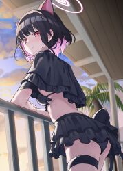 Rule 34 | 1girl, absurdres, alternate costume, animal ears, arm support, ass, bikini, black bikini, black capelet, black hair, blue archive, blunt bangs, blurry, blurry background, blush, breasts, capelet, cat ears, cat girl, closed mouth, colored inner animal ears, colored inner hair, commentary request, extra ears, frilled bikini, frills, from below, from side, halo, heimu (heim kstr), highres, kazusa (blue archive), looking at viewer, medium breasts, multicolored hair, outdoors, palm tree, pink hair, pink halo, red eyes, short hair, sidelighting, slit pupils, smile, solo, split mouth, sunset, swimsuit, thigh strap, tree, two-tone hair