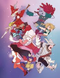 1other 3girls 4boys absurdres adelbert_steiner aqua_vest arm_belt arm_warmers armor ascot baggy_pants black_mage_(final_fantasy) blonde_hair blue_coat blue_eyes blue_pants bodysuit boots bow brown_hair burmecian chef_hat coat cropped_vest crystal dreadlocks eiko_carol final_fantasy final_fantasy_ix freija_crescent full_body garnet_til_alexandros_xvii gloves green_eyes green_pants green_vest grey_gloves hair_bow hair_over_eyes hat hat_feather helmet highres holding holding_polearm holding_staff holding_weapon horns jewelry juliet_sleeves knight long_hair long_sleeves low-tied_long_hair mage_staff mini_wings monkey_tail mouse_girl mouse_tail multiple_boys multiple_girls necklace open_mouth orange_bodysuit overalls pants pendant plate_armor polearm puffy_long_sleeves puffy_sleeves purple_hair quina_quen red_coat red_footwear red_gloves red_hair red_shirt salamander_coral shirt shouting single_horn skirtzzz smile staff striped_clothes striped_pants tail teeth thigh_strap tongue tongue_out tooth_necklace vest vivi_ornitier weapon white_ascot white_gloves white_hair white_shirt winged_helmet wings wizard_hat wrist_cuffs yellow_bow yellow_eyes yellow_overalls zidane_tribal