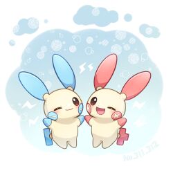 025sakura393 ;) ;d closed_mouth commentary_request gen_3_pokemon happy highres holding_hands lightning_bolt_symbol minun nintendo no_humans one_eye_closed open_mouth outstretched_arms plusle pokemon pokemon_(creature) smile standing